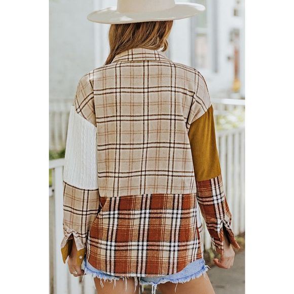 Azura Exchange  Orange Plaid Color Block Patchwork Shirt Jacket with Pocket - Picture 2 of 15